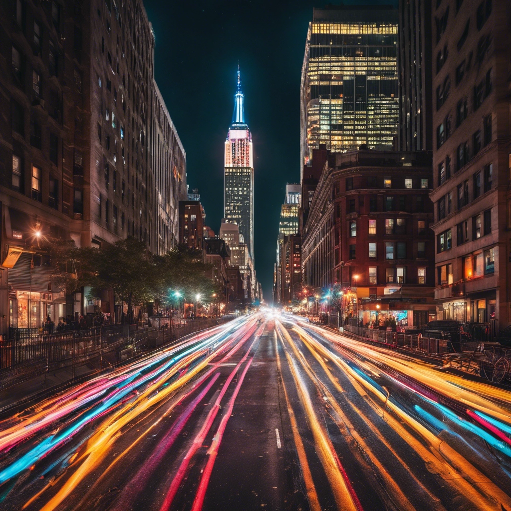 A vibrant nighttime cityscape of New York City, captured from street level with colorful light trails streaking across the busy streets, in 4k.